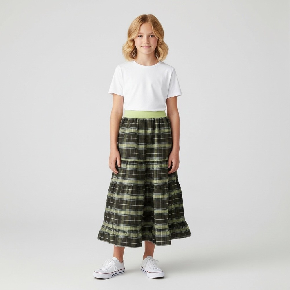 Girls Maxi Mom and Pop's Kids Skirt Size 10/12 Green Plaid Upcycled Cotton